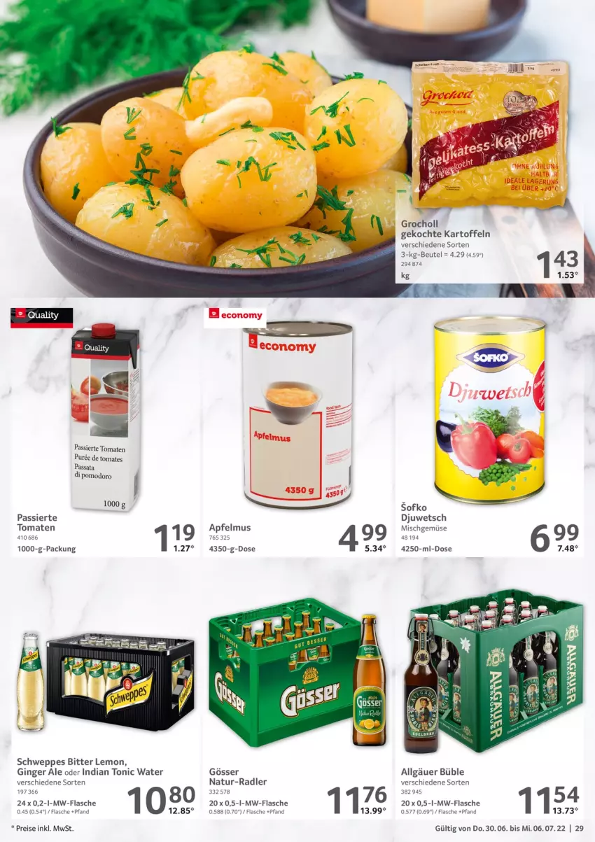 Aktueller Prospekt Selgros - Food - von 30.06 bis 06.07.2022 - strona 29 - produkty: apfel, apfelmus, beutel, bitter lemon, eis, flasche, gin, ginger, ginger ale, gösser, kartoffel, kartoffeln, LG, mw-flasche, natur, radler, reis, schweppes, Ti, tomate, tomaten, tonic, tonic water