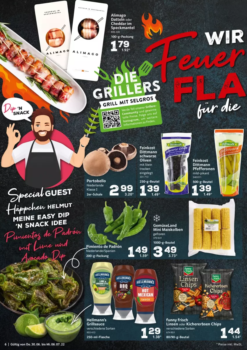 Aktueller Prospekt Selgros - Food - von 30.06 bis 06.07.2022 - strona 6 - produkty: Abba, beere, beeren, beutel, cheddar, chips, Datteln, dell, dittmann, Elan, elle, erbsen, flasche, Funny Frisch, grill, grillsauce, kichererbsen, Kichererbsen Chips, LG, linsen, mais, Mantel, olive, oliven, pfeffer, pfefferonen, sauce, Speck, tee, Ti