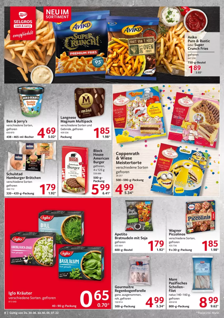 Aktueller Prospekt Selgros - Food - von 30.06 bis 06.07.2022 - strona 8 - produkty: beutel, brötchen, burger, coppenrath, eier, eis, elle, filet, fisch, fische, forelle, hamburger, hamburger brötchen, langnese, magnum, Meister, natur, nudel, nudeln, rel, scholl, soja, Ti, torte, wagner