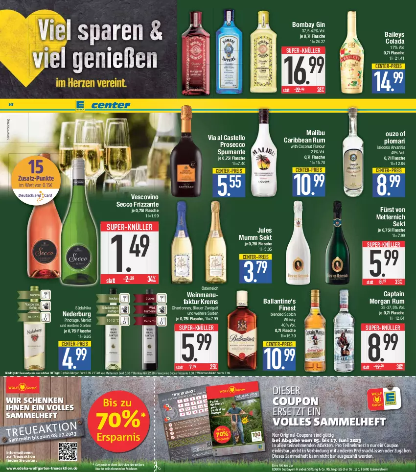 Aktueller Prospekt E Center - Angebote der Woche - von 29.05 bis 03.06.2023 - strona 14 - produkty: auer, baileys, ball, Bau, blauer zweigelt, blended scotch, blended scotch whisky, boss, brie, Cap, captain morgan, chardonnay, coconut, cola, coupon, coupons, deka, ecco, eier, eis, elle, ente, erde, Faktu, flasche, frizzante, fürst von metternich, gabel, Garten, Geflügel, gin, hartkäse, HP, jules mumm, Käse, kraft, leine, LG, mac, Malibu, merl, merlot, Mett, metternich, mumm, nederburg, ouzo, pflanze, pflanzen, Pinot, prosecco, puma, reis, riegel, ring, rum, rwe, saft, Schal, Schale, Schere, schuhe, scotch, scotch whisky, sekt, spumante, super-knüller, Tchibo, tee, telefon, teller, Ti, Tiere, usb, vescovino, vorspeise, wein, whisky, Wild, wolfgarten, ZTE, Zweigelt