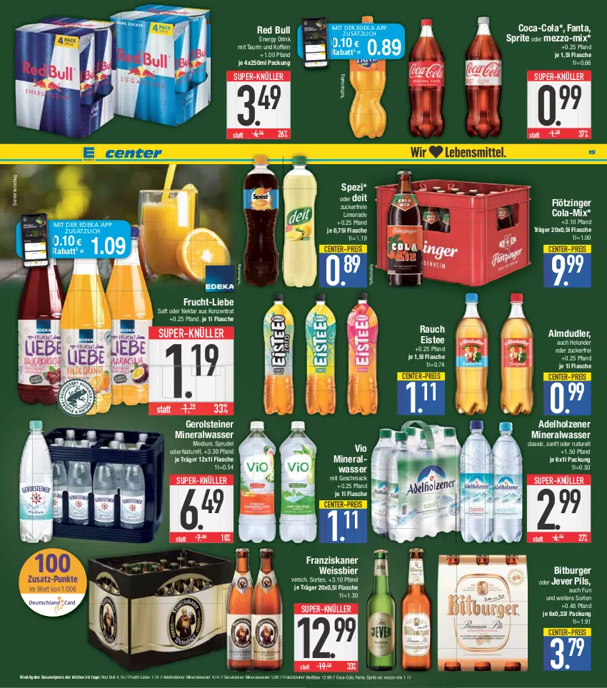 Aktueller Prospekt E Center - Angebote der Woche - von 29.05 bis 03.06.2023 - strona 15 - produkty: adelholzener, almdudler, Alwa, bier, bitburger, burger, coca-cola, cola, coupon, deit, deka, drink, eis, eistee, energy drink, ente, fanta, flasche, franziskaner, frucht, gerolsteine, gerolsteiner, holunder, Holz, jever, limo, limonade, mac, mineralwasser, Mineralwasser Classic, natur, Nektar, nuss, pils, Rauch, red bull, reis, rel, saft, Spezi, sprite, Sprudel, steiner, super-knüller, tee, Ti, wasser, weissbier, ZTE, zucker