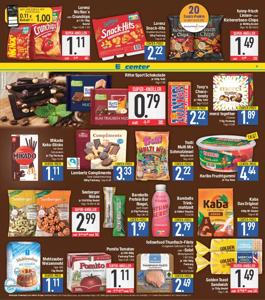 Aktueller Prospekt E Center - Angebote der Woche - von 29.05 bis 03.06.2023 - strona 3 - produkty: Amber, Berger, beutel, bio, chips, coupon, crunchips, deka, eis, ente, erbsen, Feine Gebäckmischung, filet, filets, fisch, flasche, frucht, fruchtgummi, funny-frisch, gebäckmischung, gin, golden toast, haribo, kakao, keks, kichererbsen, lambertz, linsen, lorenz, mehl, merci, mikado, nuss, pomito, rebell, reis, riegel, ritter, ritter sport, saft, salat, sandwich, schoko, schokolade, seeberger, snack, Sport, super-knüller, thunfisch, Ti, toast, tomate, tomaten, trolli, type 405, weizenmehl, ZTE