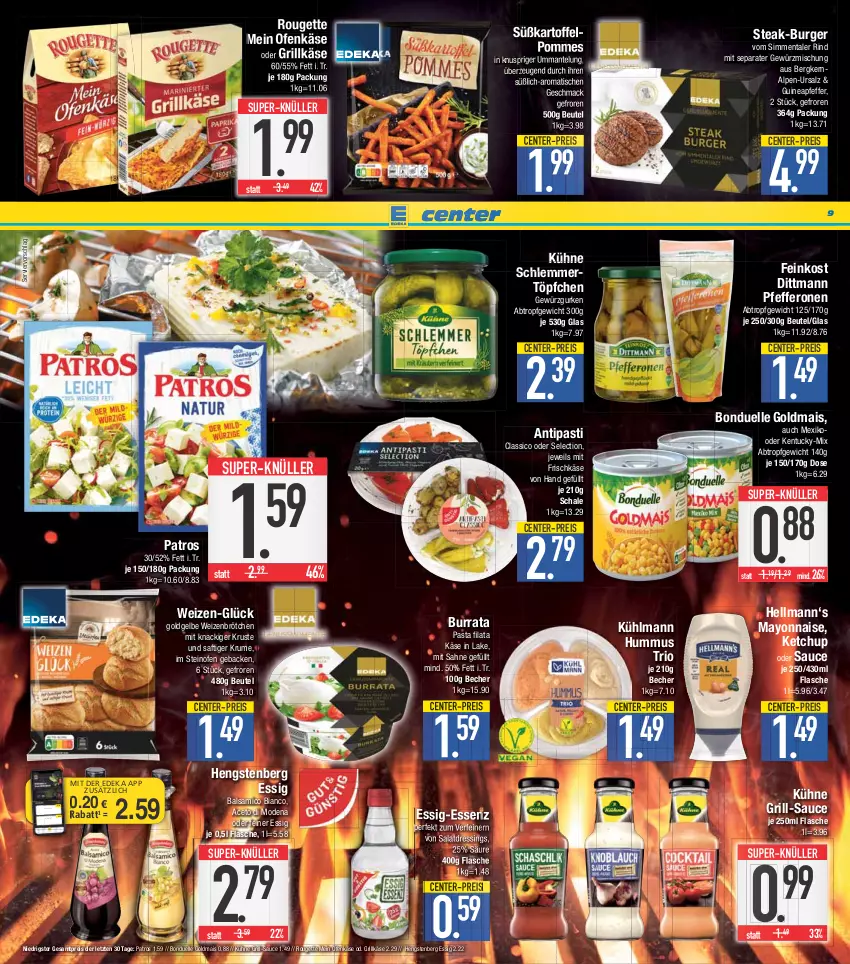 Aktueller Prospekt E Center - Angebote der Woche - von 29.05 bis 03.06.2023 - strona 9 - produkty: aceto, antipasti, asti, balsam, balsamico, balsamico bianco, Becher, beutel, bonduelle, bonduelle goldmais, brötchen, burger, Burrata, classico, coupon, deka, dittmann, dressing, eis, elle, ente, essig, feinkost, flasche, frischkäse, geback, gewürz, Gewürzgurke, gewürzgurken, Gewürzmischung, Goldmais, grill, Grillkäse, gurke, gurken, hengstenberg, hummus, kartoffel, Käse, ketchup, kühlmann, Kühne, mac, mais, Mantel, mayonnaise, Mode, nuss, Ofen, Ofenkäse, pasta, patros, pfeffer, pfefferonen, pommes, reis, rind, rouge, rougette, rum, saft, sahne, salat, salatdressing, salz, sauce, Schal, Schale, schlemmertöpfchen, sim, steak, steinofen, super-knüller, Ti, tisch, Töpfchen, tuc, weizenbrötchen, Yo, ZTE