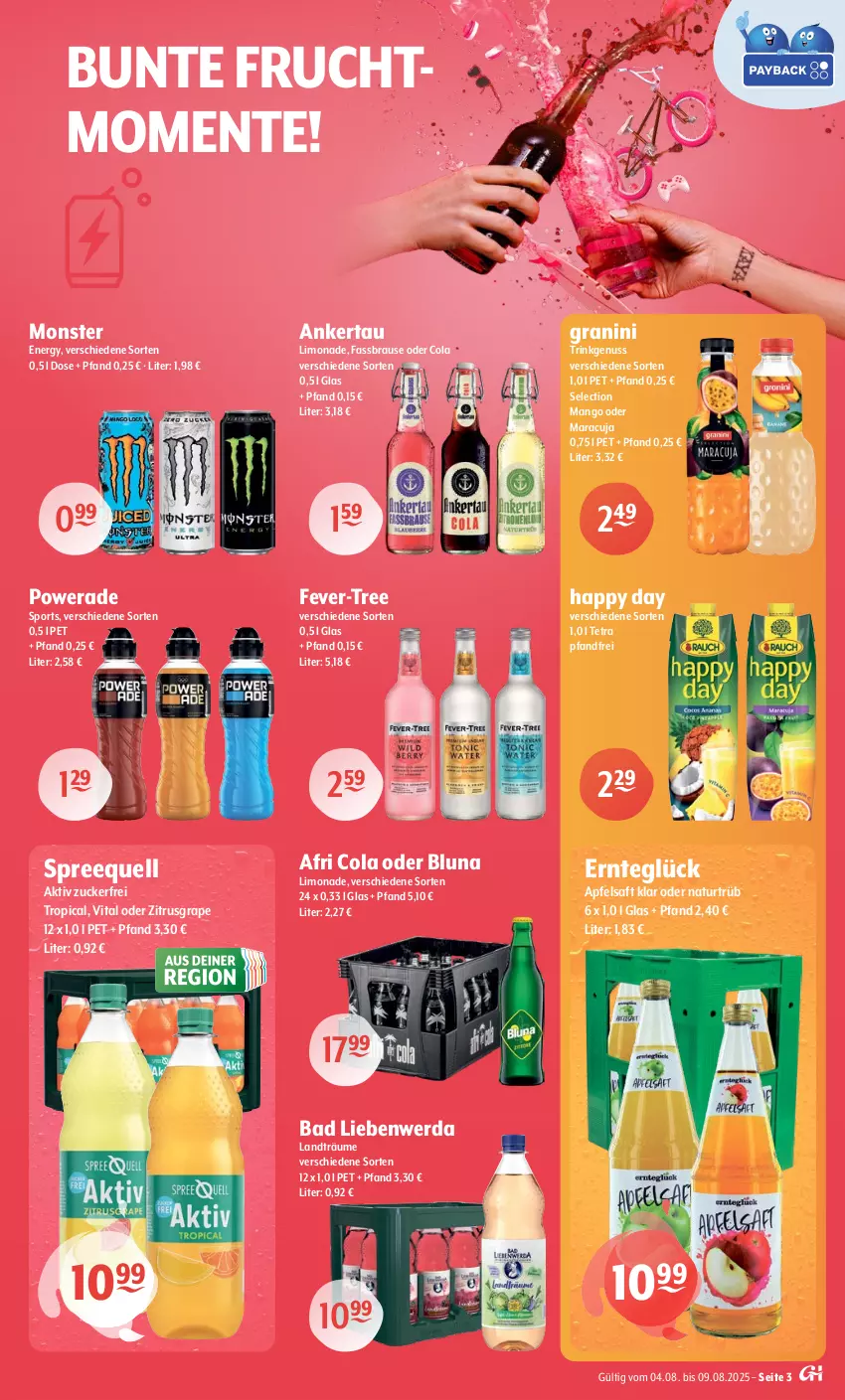 Aktueller Prospekt Getraenke Hoffmann - Prospekte - von 04.08 bis 09.08.2025 - strona 3 - produkty: Afri Cola, apfel, apfelsaft, Bad, Bad Liebenwerda, brause, cola, ente, fassbrause, fever-tree, frucht, granini, Happy Day, limo, limonade, mango, maracuja, monster, Monster Energy, natur, nuss, saft, Sport, Spreequell, Ti, vita, zucker