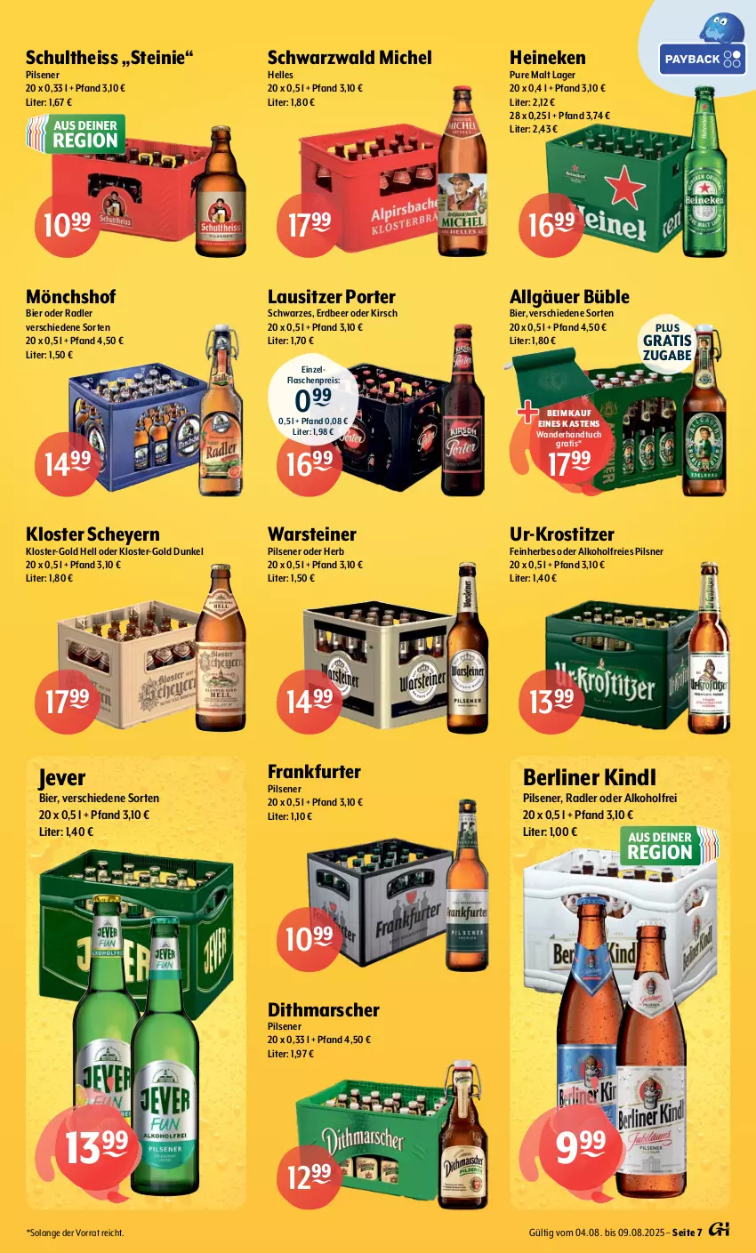 Aktueller Prospekt Getraenke Hoffmann - Prospekte - von 04.08 bis 09.08.2025 - strona 7 - produkty: alkohol, berliner, berliner kindl, bier, eis, elle, flasche, frankfurter, handtuch, heineken, jever, kirsch, LG, mars, mönchshof, oder radler, pils, pilsener, pilsner, radler, reis, Schultheiss, steiner, Ti, tuc, warsteiner