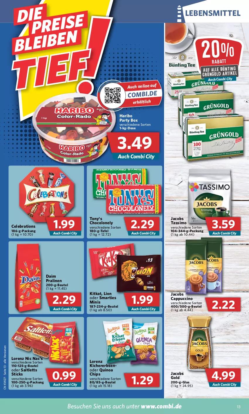 Aktueller Prospekt Combi - Prospekte - von 04.07 bis 09.07.2022 - strona 13 - produkty: beutel, Cap, cappuccino, chips, cin, daim, eis, erbsen, haribo, jacobs, Jacobs Gold, jacobs tassimo, kichererbsen, kitkat, lebensmittel, lion, lorenz, pralinen, quinoa, saltletts, sim, smarties, tassimo, Ti