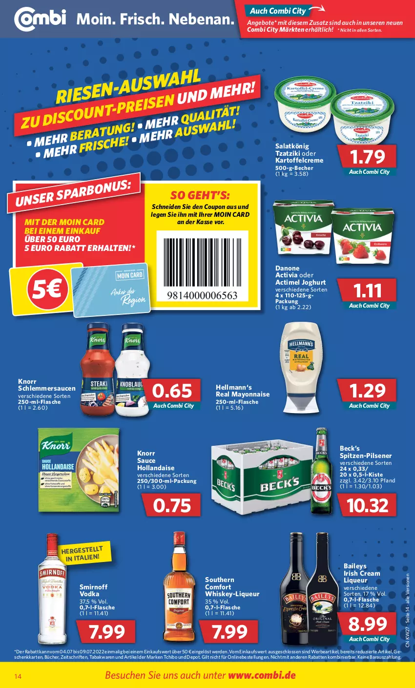 Aktueller Prospekt Combi - Prospekte - von 04.07 bis 09.07.2022 - strona 14 - produkty: actimel, activia, angebot, angebote, baileys, Becher, coupon, creme, danone, danone activia, erde, flasche, hollandaise, irish cream, joghur, joghurt, kartoffel, knorr, liqueur, mayonnaise, pils, pilsener, salat, sauce, sauce hollandaise, saucen, schlemmersauce, schlemmersaucen, smirnoff, Southern Comfort, Tchibo, Ti, tzatziki, vodka, whiskey, Yo