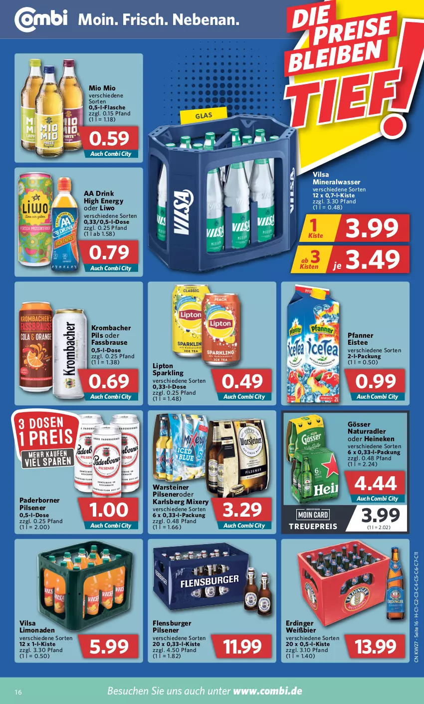 Aktueller Prospekt Combi - Prospekte - von 04.07 bis 09.07.2022 - strona 16 - produkty: Alwa, bier, brause, burger, drink, eis, eistee, erdinger, fassbrause, flasche, flensburger, gösser, heineken, karlsberg, karlsberg mixery, krombache, krombacher, krombacher pils, limo, limonade, limonaden, lipton, mineralwasser, Mio Mio, Mixer, mixery, natur, nero, pfanne, Pfanner, pils, pilsener, radler, reis, steiner, tee, vilsa, warsteiner, wasser