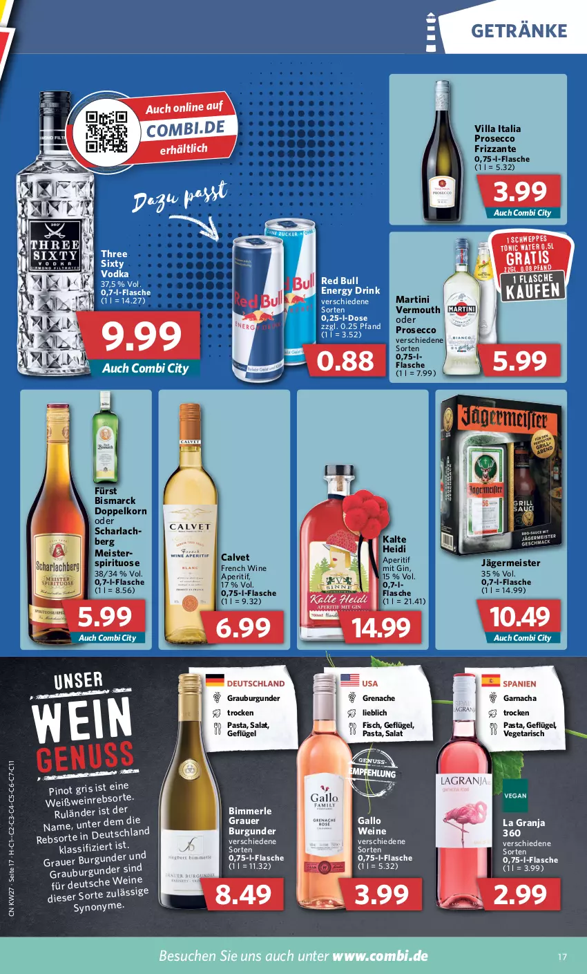 Aktueller Prospekt Combi - Prospekte - von 04.07 bis 09.07.2022 - strona 17 - produkty: aperitif, arla, auer, bismarck, burgunder, doppelkorn, drink, ecco, eis, energy drink, fisch, flasche, frizzante, gallo, Geflügel, Germ, getränk, getränke, gin, grauburgunder, grauer burgunder, jägermeister, korn, martini, Meister, merl, pasta, Pinot, prosecco, red bull, salat, Three Sixty, Ti, tonic, tonic water, Vegeta, Vermouth, vodka, wein, weine