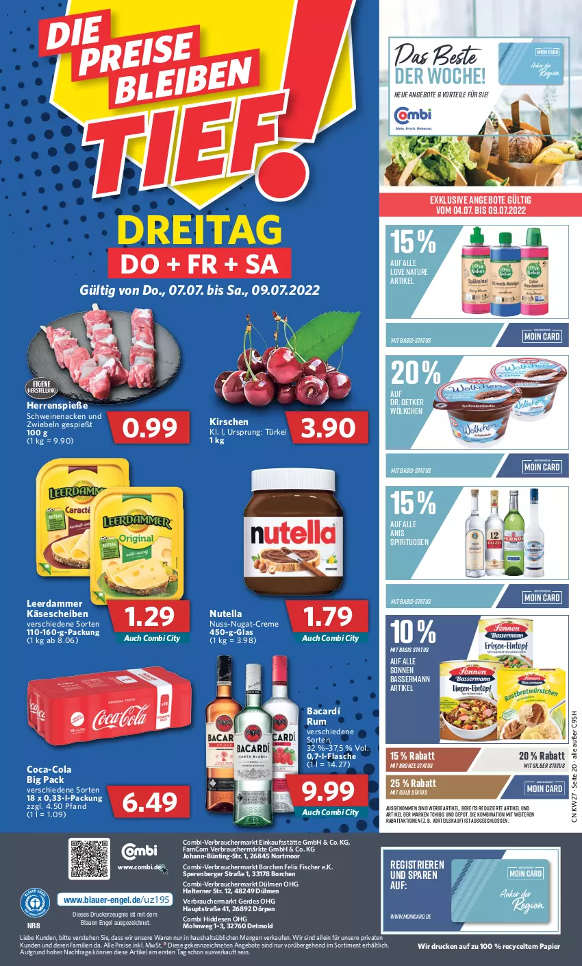 Aktueller Prospekt Combi - Prospekte - von 04.07 bis 09.07.2022 - strona 20 - produkty: angebot, angebote, auer, Berger, coca-cola, cola, creme, Dr. Oetker, drucker, eis, Engel, erde, felix, fisch, fische, Fischer, flasche, Käse, käsescheiben, kerze, kirsch, kirsche, kirschen, leerdammer, natur, nuss, nuss-nugat-creme, nutella, papier, Rauch, reis, rum, schwein, schweine, schweinenacken, spirituosen, Tchibo, Ti, wein, weine, zwiebel, zwiebeln