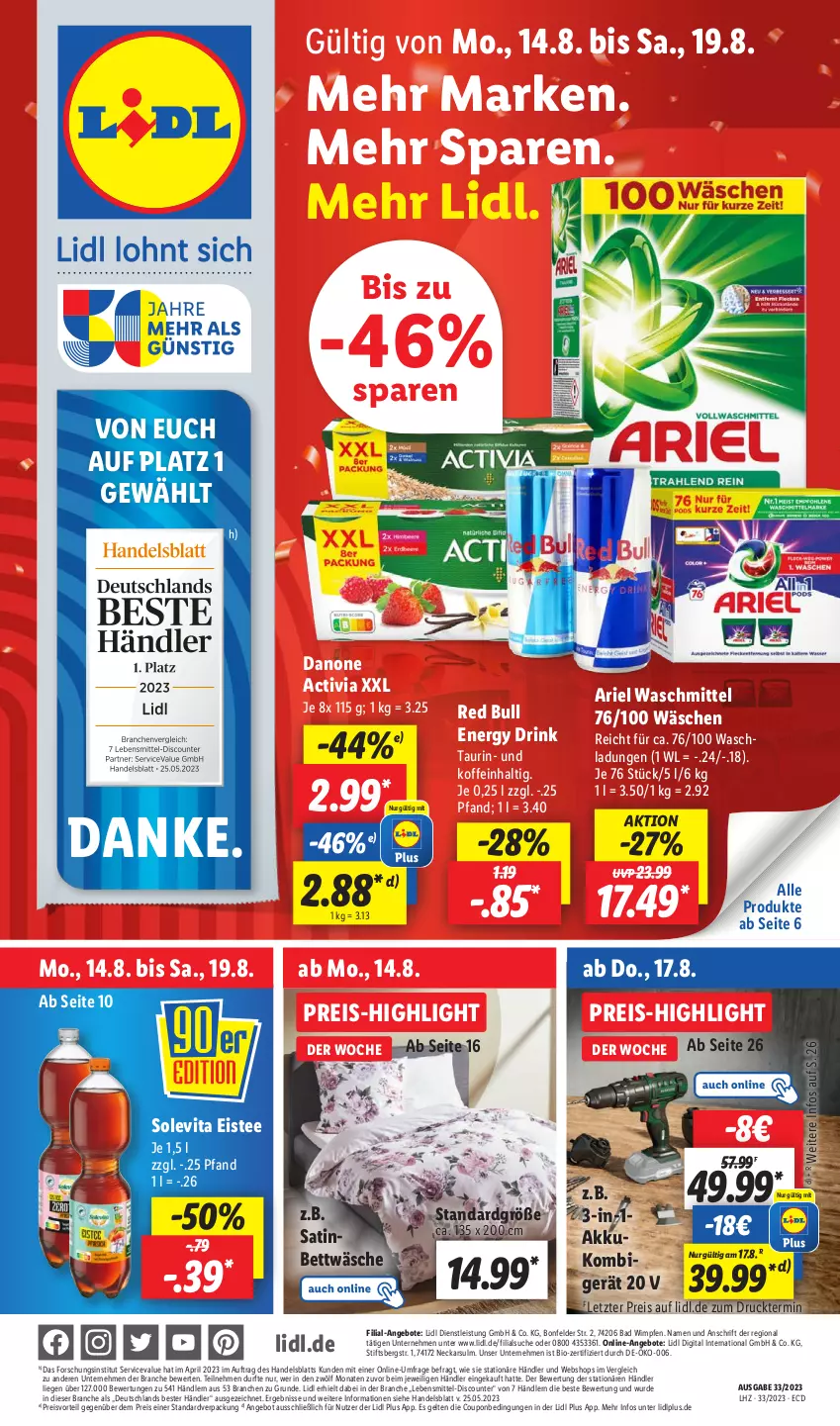 Aktueller Prospekt Lidl - Aktionsprospekt - von 14.08 bis 19.08.2023 - strona 1 - produkty: activia, akku, angebot, angebote, ariel, ariel waschmittel, Bad, bett, bettwäsche, bio, coupon, danone, danone activia, discount, drink, eis, eistee, energy drink, lebensmittel, Liege, preisvorteil, pril, red bull, reis, tee, Ti, vita, waschmittel, ZTE