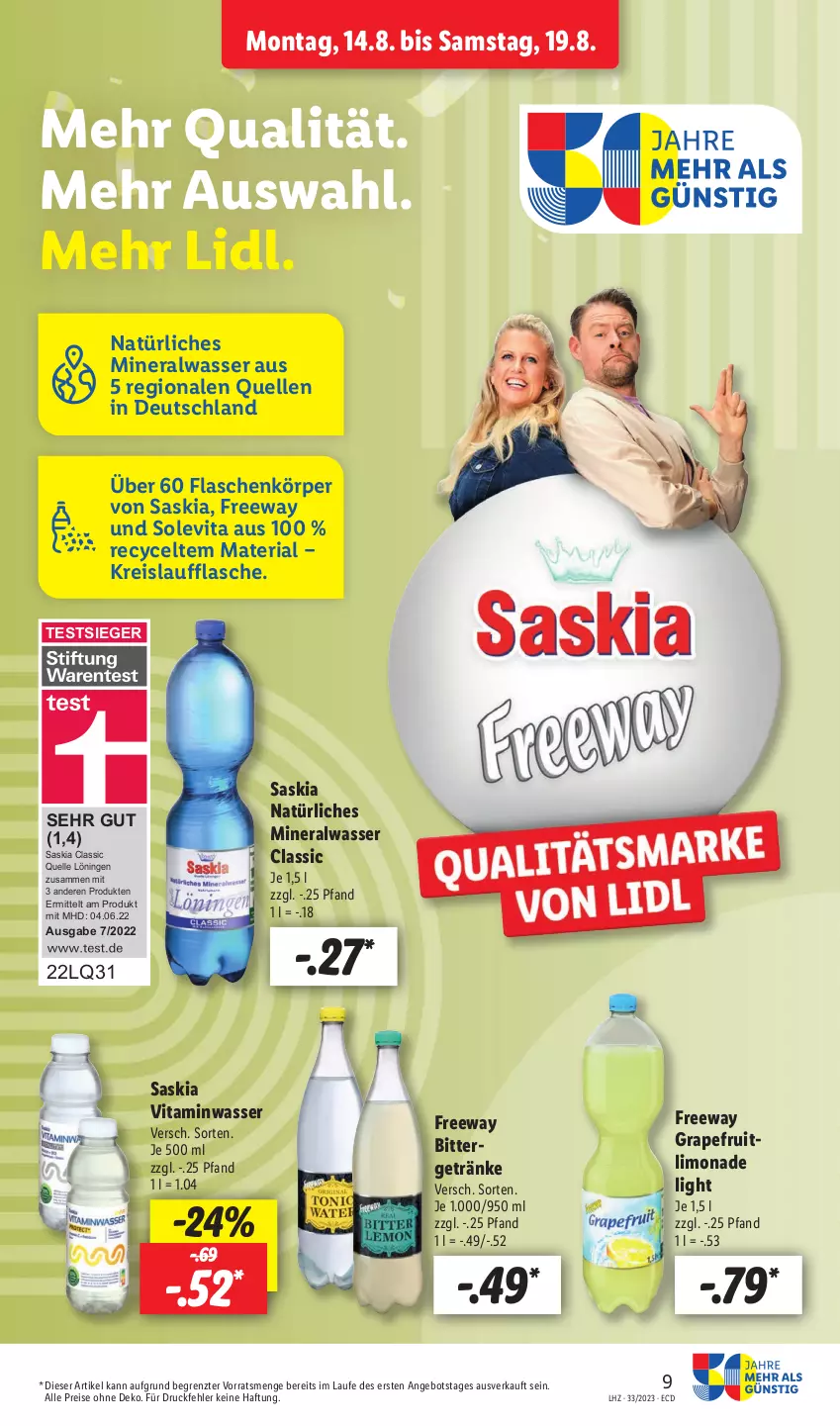 Aktueller Prospekt Lidl - Aktionsprospekt - von 14.08 bis 19.08.2023 - strona 11 - produkty: Alwa, angebot, eis, elle, flasche, getränk, getränke, grapefruit, limo, limonade, mineralwasser, Mineralwasser Classic, natürliches mineralwasser, reis, Ria, Ti, vita, wasser, ZTE