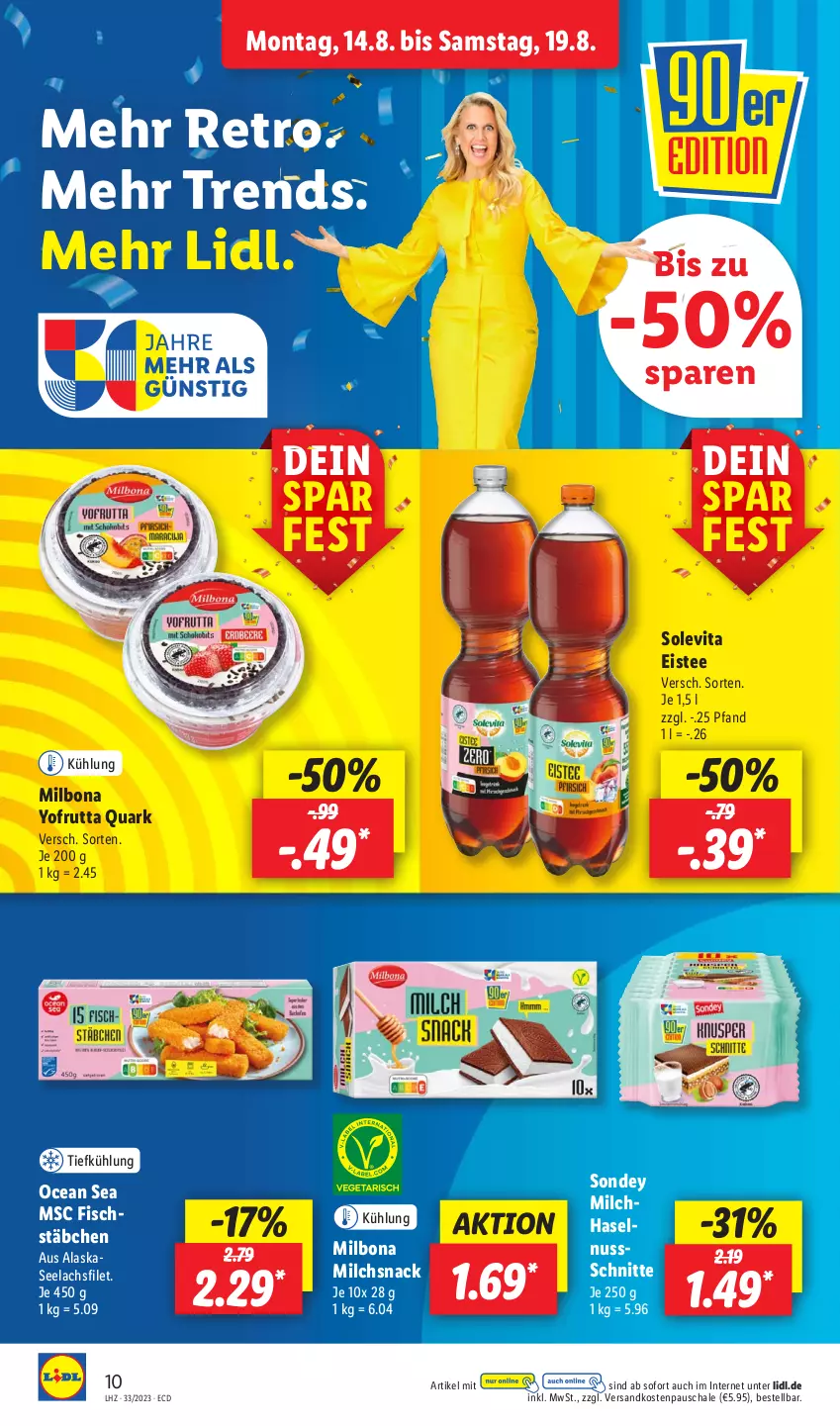 Aktueller Prospekt Lidl - Aktionsprospekt - von 14.08 bis 19.08.2023 - strona 14 - produkty: Bona, eis, eistee, filet, fisch, fischstäbchen, haselnuss, lachs, lachsfilet, Milbona, milch, ndk, nuss, quark, Schal, Schale, seelachsfilet, snack, Sondey, tee, Ti, vita, Yo