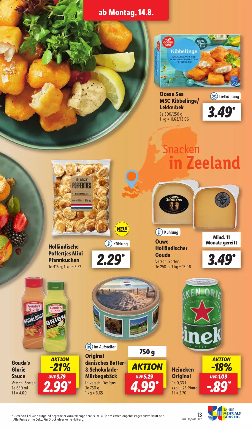 Aktueller Prospekt Lidl - Aktionsprospekt - von 14.08 bis 19.08.2023 - strona 17 - produkty: angebot, butter, eis, Elan, elle, gin, gouda, heineken, kuchen, Pfannkuchen, Poffertjes, reis, sauce, schoko, schokolade, snack, teller, Ti, ZTE