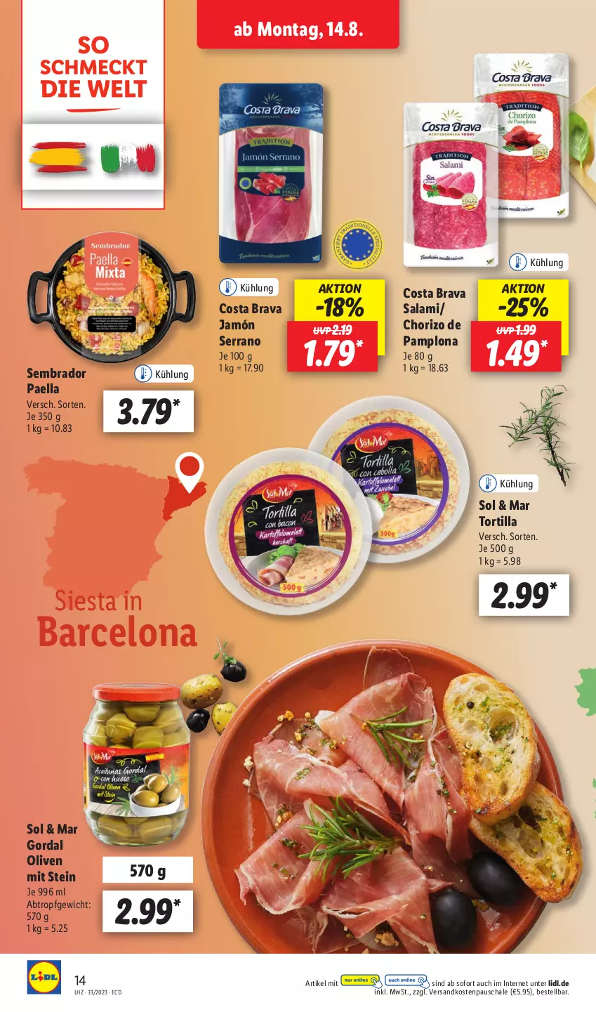 Aktueller Prospekt Lidl - Aktionsprospekt - von 14.08 bis 19.08.2023 - strona 18 - produkty: chorizo, jamón serrano, ndk, olive, oliven, paella, salami, Schal, Schale, serrano, Ti, tortilla