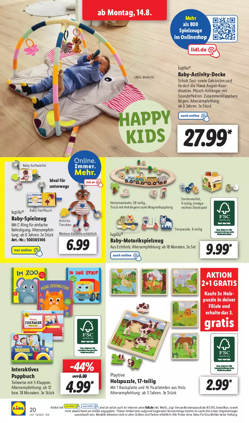 Aktueller Prospekt Lidl - Aktionsprospekt - von 14.08 bis 19.08.2023 - strona 26 - produkty: angebot, Anhänger, buch, decke, dell, eis, Eisenbahn, elle, Holz, latte, lupilu, Mode, ndk, Plüsch, Puzzle, reis, Ria, ring, rwe, Schal, Schale, spielzeug, Steckspiel, Ti, ZTE