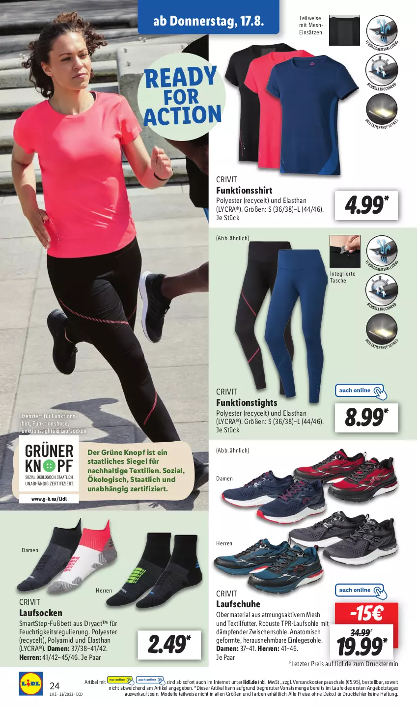 Aktueller Prospekt Lidl - Aktionsprospekt - von 14.08 bis 19.08.2023 - strona 30 - produkty: angebot, bett, crivit, dell, eis, elle, funktionsshirt, hose, Laufschuhe, Laufsocken, Mode, ndk, reis, Ria, Schal, Schale, schuhe, shirt, socken, Tasche, Ti, ZTE