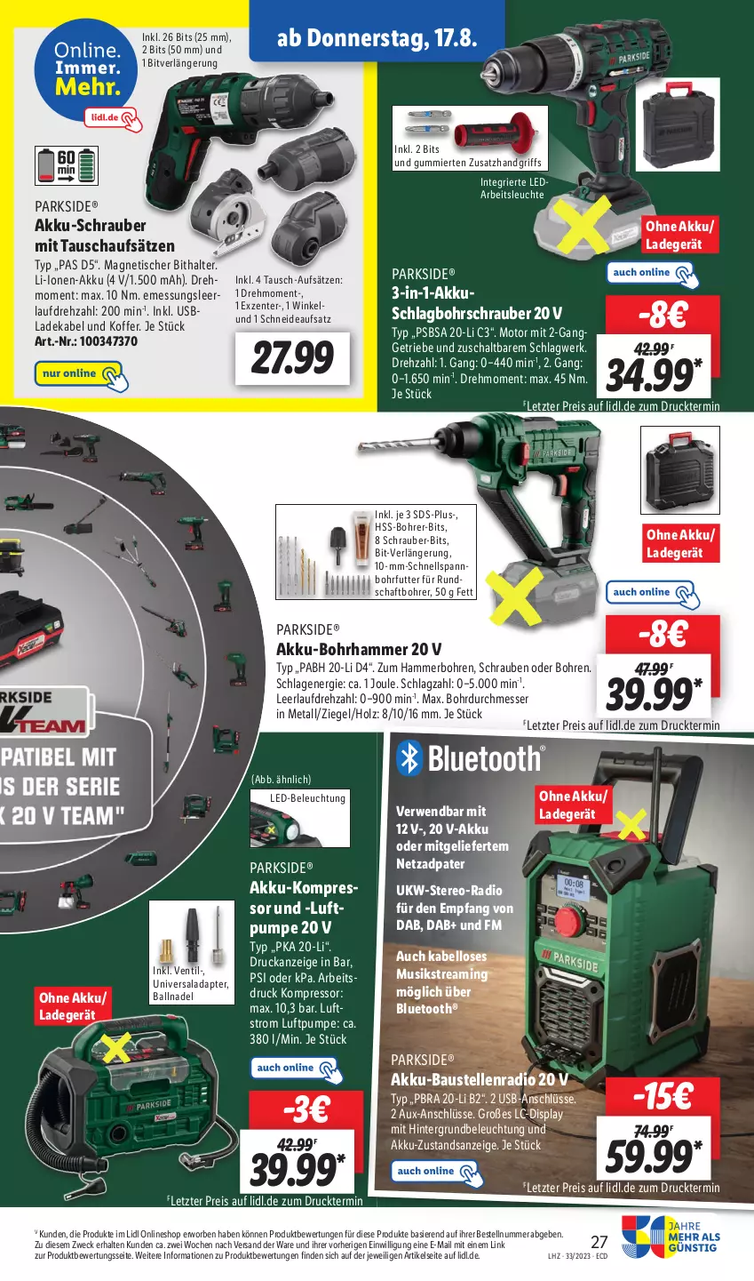 Aktueller Prospekt Lidl - Aktionsprospekt - von 14.08 bis 19.08.2023 - strona 33 - produkty: adapter, akku, Akku-Bohrhammer, Arbeitsleuchte, aust, ball, Bau, beleuchtung, Bohrhammer, Bohrschrauber, deka, eis, elle, ente, Holz, koffer, kompressor, ladegerät, ladekabel, led-beleuchtung, Leuchte, messer, Parkside, Radio, reis, rwe, Schal, schrauben, Ti, tisch, usb, weck, ZTE