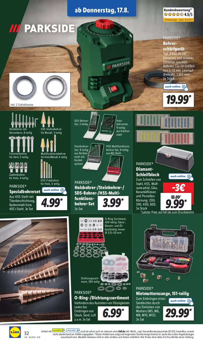 Aktueller Prospekt Lidl - Aktionsprospekt - von 14.08 bis 19.08.2023 - strona 38 - produkty: angebot, aust, Bohrer-Set, Bohrerset, dell, eis, elle, Holz, Mode, ndk, Parkside, reis, ring, Schal, Schale, Spezi, Ti, ZTE