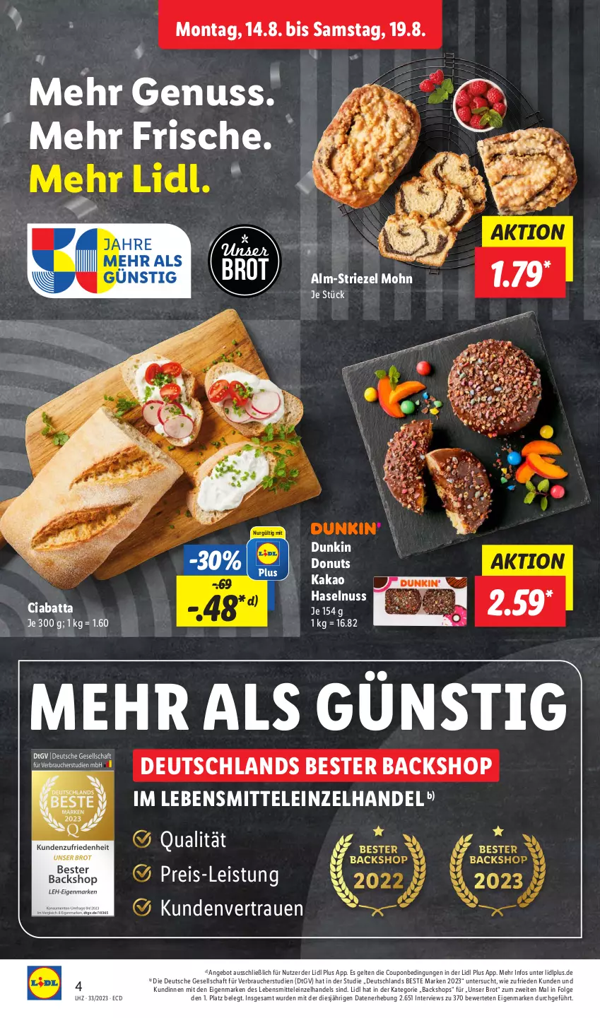 Aktueller Prospekt Lidl - Aktionsprospekt - von 14.08 bis 19.08.2023 - strona 4 - produkty: angebot, brot, ciabatta, coupon, Donut, donuts, eis, haselnuss, kakao, lebensmittel, LG, nuss, Rauch, reis, Ti