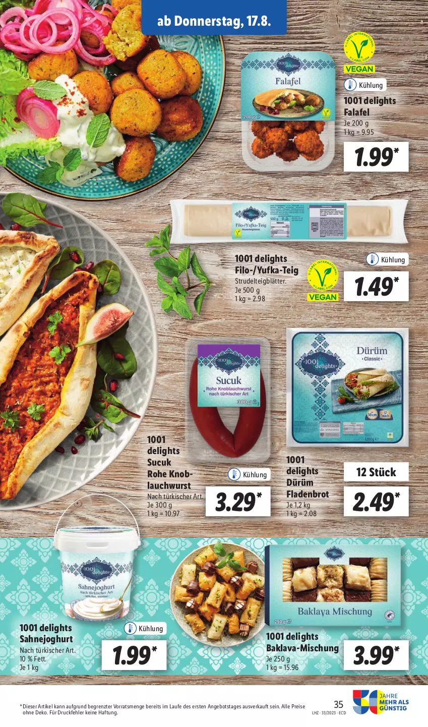 Aktueller Prospekt Lidl - Aktionsprospekt - von 14.08 bis 19.08.2023 - strona 43 - produkty: angebot, Baklava, brot, eis, Falafel, Fladenbrot, joghur, joghurt, joghurt nach, knoblauch, reis, sahne, Sahnejoghurt, Strudel, Sucuk, Ti, wurst, ZTE