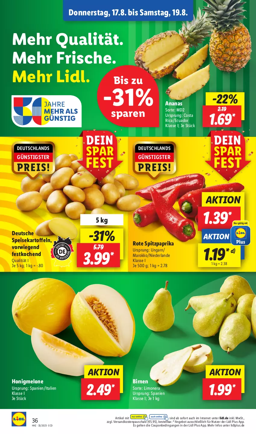 Aktueller Prospekt Lidl - Aktionsprospekt - von 14.08 bis 19.08.2023 - strona 48 - produkty: ananas, angebot, Birnen, coupon, eis, honig, honigmelone, kartoffel, kartoffeln, limo, melone, ndk, paprika, reis, Schal, Schale, speisekartoffeln, Spitzpaprika, Ti