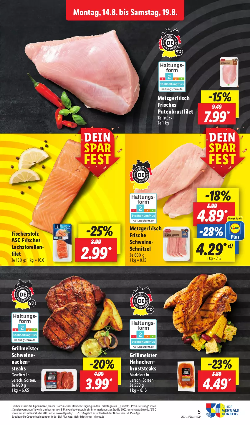 Aktueller Prospekt Lidl - Aktionsprospekt - von 14.08 bis 19.08.2023 - strona 5 - produkty: angebot, brot, brustfilet, coupon, eis, elle, filet, fisch, fische, Fischer, forelle, gewürz, grill, lachs, Meister, pute, putenbrust, putenbrustfilet, reis, rel, schnitzel, schwein, schweine, steak, steaks, Ti, wein, weine