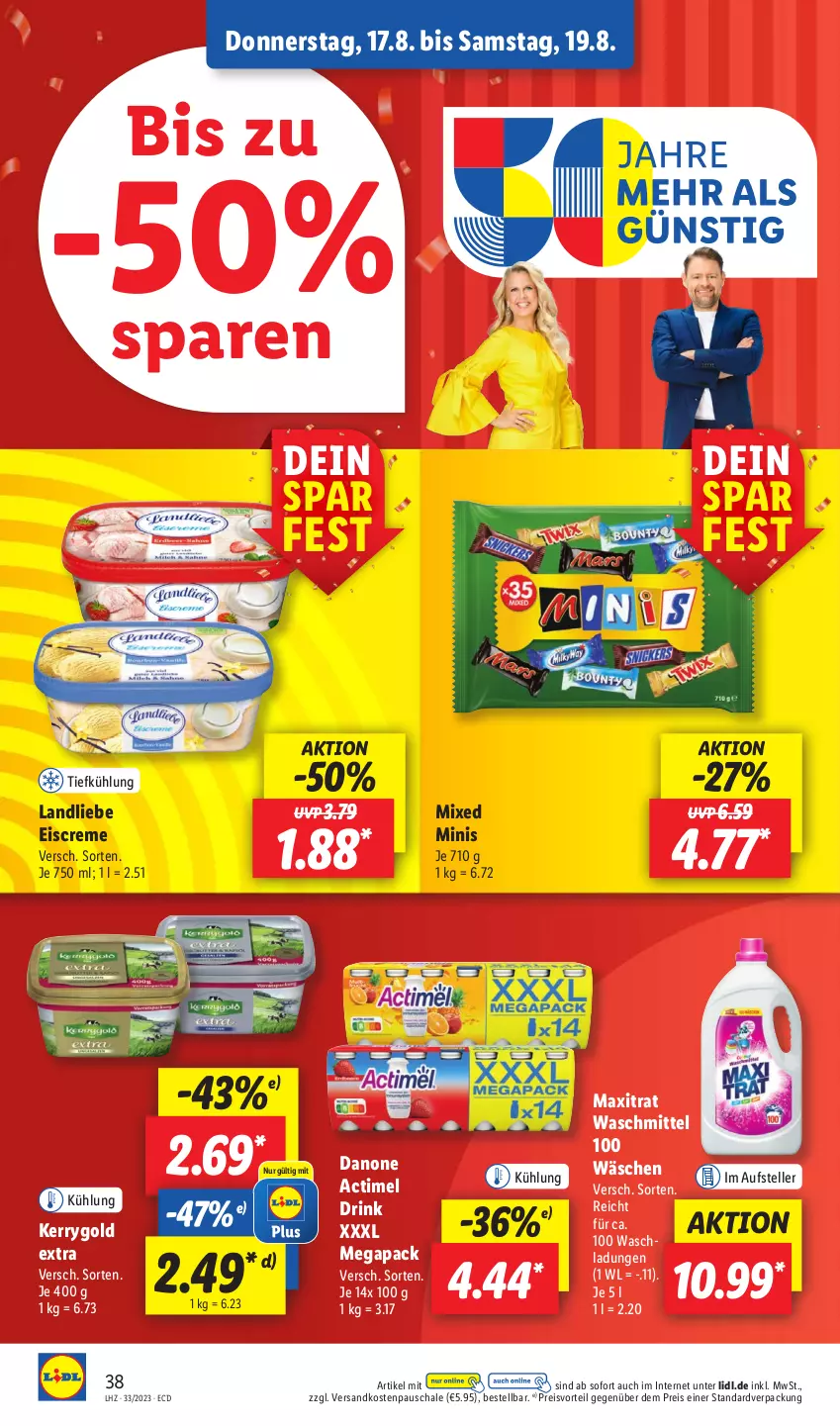 Aktueller Prospekt Lidl - Aktionsprospekt - von 14.08 bis 19.08.2023 - strona 50 - produkty: actimel, actimel drink, creme, danone, danone actimel drink, drink, eis, eiscreme, elle, kerrygold, kerrygold extra, landliebe, landliebe eiscreme, ndk, preisvorteil, reis, Schal, Schale, teller, Ti, waschmittel