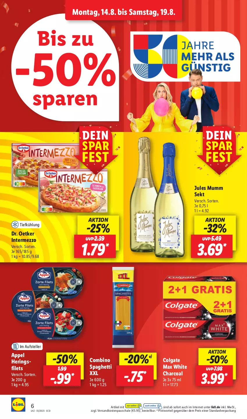 Aktueller Prospekt Lidl - Aktionsprospekt - von 14.08 bis 19.08.2023 - strona 8 - produkty: colgate, Dr. Oetker, eis, elle, filet, filets, hering, Herings, intermezzo, jules mumm, LG, Max White, mumm, ndk, preisvorteil, reis, ring, Schal, Schale, sekt, spaghetti, teller, Ti