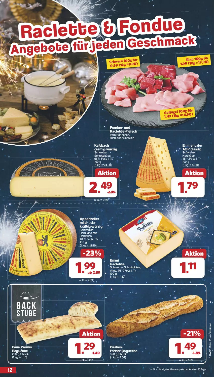 Aktueller Prospekt Famila - Prospekte - von 23.12 bis 31.12.2024 - strona 12 - produkty: appenzeller, baguette, eis, elle, emmentaler, emmi, fleisch, Fondue, Geflügel, hartkäse, Käse, mac, milch, pfeffer, reis, rind, schnittkäse, schwein, schweizer hartkäse, schweizer schnittkäse, Ti, wein, ZTE