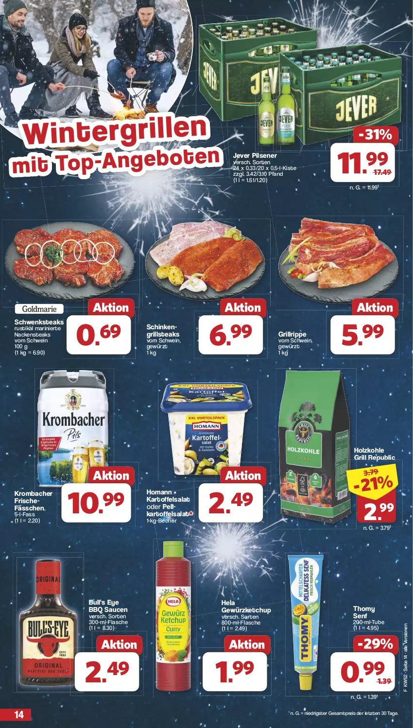 Aktueller Prospekt Famila - Prospekte - von 23.12 bis 31.12.2024 - strona 14 - produkty: Becher, eis, flasche, gewürz, gewürzketchup, grill, grillrippe, Hela, Holz, holzkohle, homann, jever, jever pilsener, kartoffel, kartoffelsalat, ketchup, krombache, krombacher, Nackensteak, nackensteaks, pils, pilsener, reis, salat, sauce, saucen, schinken, schwein, senf, steak, steaks, thomy, Ti, wein, ZTE