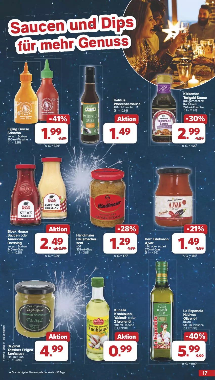 Aktueller Prospekt Famila - Prospekte - von 23.12 bis 31.12.2024 - strona 17 - produkty: Ajvar, dressing, eis, Feigen, flasche, gin, händlmaier, Hausmacher, kikkoman, knoblauch, mac, natives olivenöl, nuss, olive, oliven, olivenöl, olivenöl extra, reis, sauce, saucen, senf, Sriracha, Ti, zitrone, zitronen, Zitronenöl, ZTE