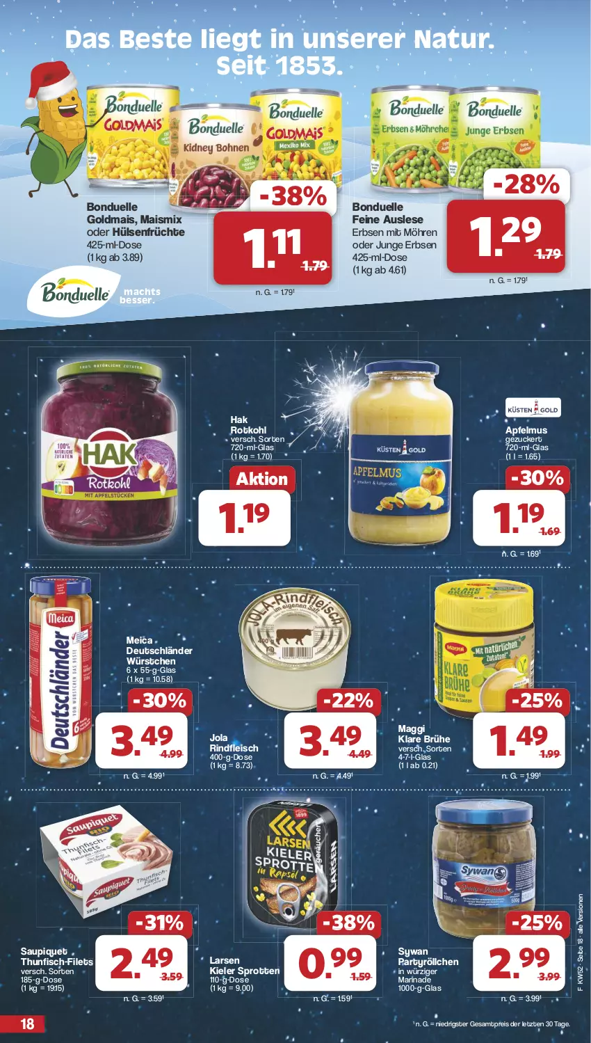 Aktueller Prospekt Famila - Prospekte - von 23.12 bis 31.12.2024 - strona 18 - produkty: apfel, apfelmus, bonduelle, bonduelle goldmais, Brühe, eis, elle, erbsen, filet, filets, fisch, fleisch, früchte, Goldmais, hülsenfrüchte, junge erbsen, mac, maggi, mais, marinade, meica, möhren, natur, reis, rind, rindfleisch, rotkohl, saupiquet, senf, Sprotten, thunfisch, Ti, würstchen, ZTE, zucker