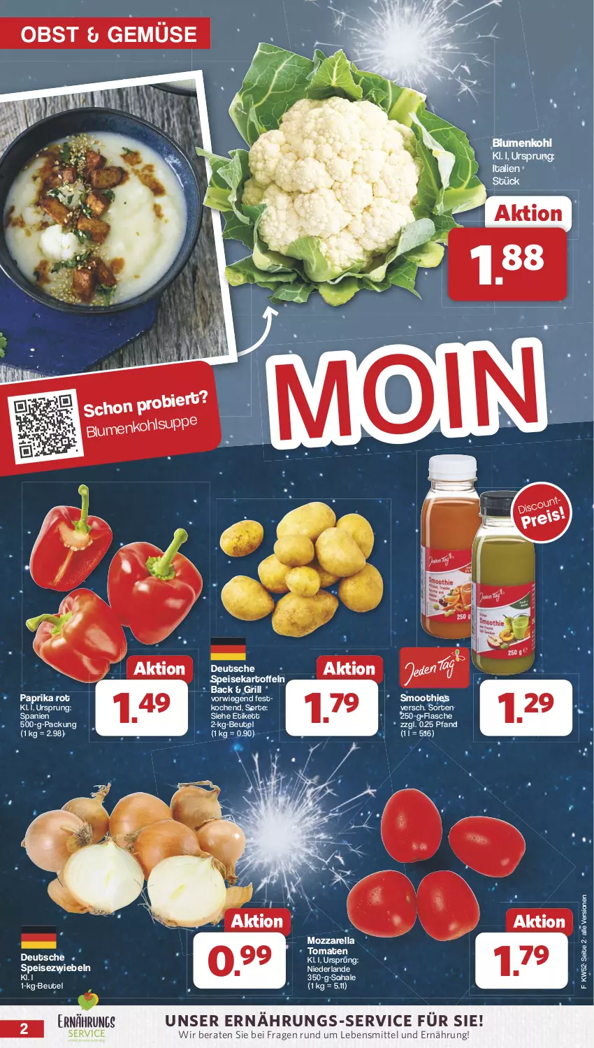 Aktueller Prospekt Famila - Prospekte - von 23.12 bis 31.12.2024 - strona 2 - produkty: beutel, bier, blume, blumen, blumenkohl, eis, flasche, grill, kartoffel, kartoffeln, lebensmittel, mozzarella, obst, paprika, paprika rot, rel, Schal, Schale, smoothie, smoothies, speisekartoffeln, Speisezwiebeln, Ti, tomate, tomaten, zwiebel, zwiebeln