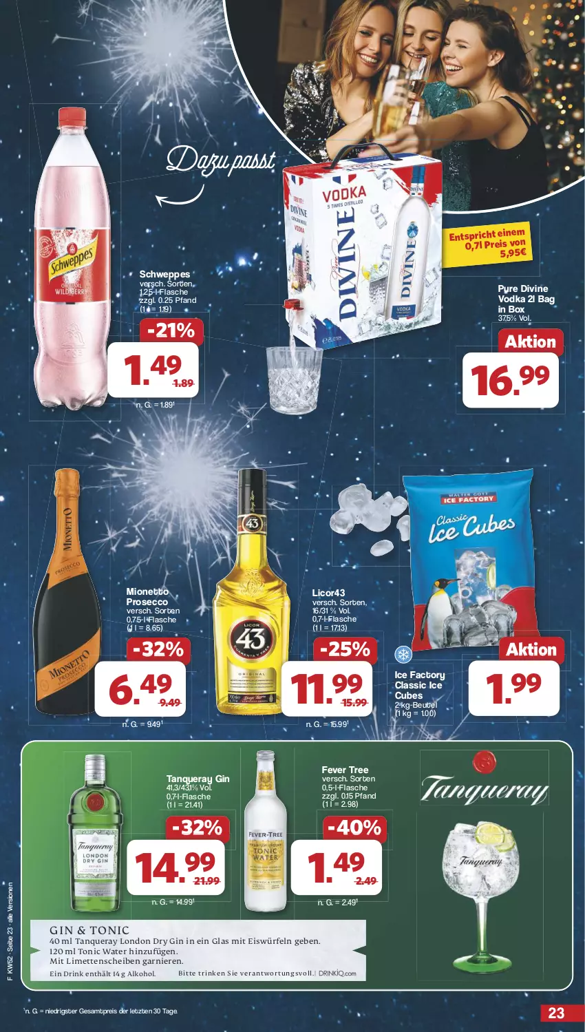 Aktueller Prospekt Famila - Prospekte - von 23.12 bis 31.12.2024 - strona 23 - produkty: alkohol, beutel, drink, dry gin, ecco, eis, eiswürfel, flasche, garnier, gin, licor, limette, limetten, london dry, london dry gin, Mett, metten, mionetto, prosecco, reis, schweppes, Tanqueray, Ti, tonic, tonic water, vodka, würfel, ZTE