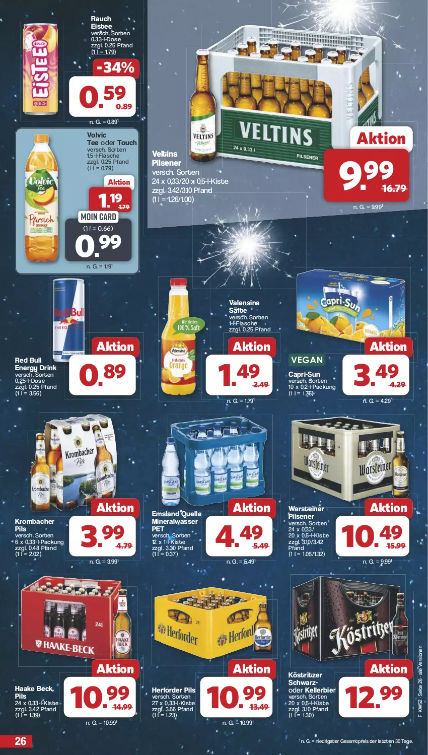 Aktueller Prospekt Famila - Prospekte - von 23.12 bis 31.12.2024 - strona 26 - produkty: Alwa, bier, Cap, capri-sun, drink, eis, eistee, elle, energy drink, flasche, kellerbier, köstritzer, krombache, krombacher, krombacher pils, mineralwasser, pils, pilsener, Rauch, red bull, reis, säfte, steiner, tee, Ti, valensina, veltins, veltins pilsener, volvic, warsteiner, wasser, ZTE