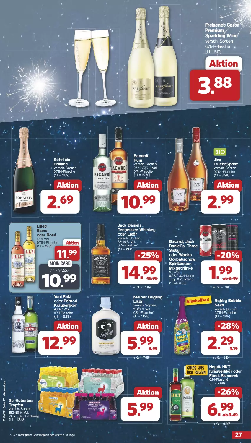 Aktueller Prospekt Famila - Prospekte - von 23.12 bis 31.12.2024 - strona 27 - produkty: alkohol, bacardi, bismarck, eis, flasche, freixenet, frucht, getränk, getränke, Gorbatschow, jack daniel, jack daniels, kleiner feigling, kräuter, kräuterlikör, leine, likör, lillet, Mixgetränk, reis, robby, rum, sekt, söhnlein, söhnlein brillant, spirituosen, tennessee whiskey, Three Sixty, Ti, whiskey, wodka, yeni raki, ZTE