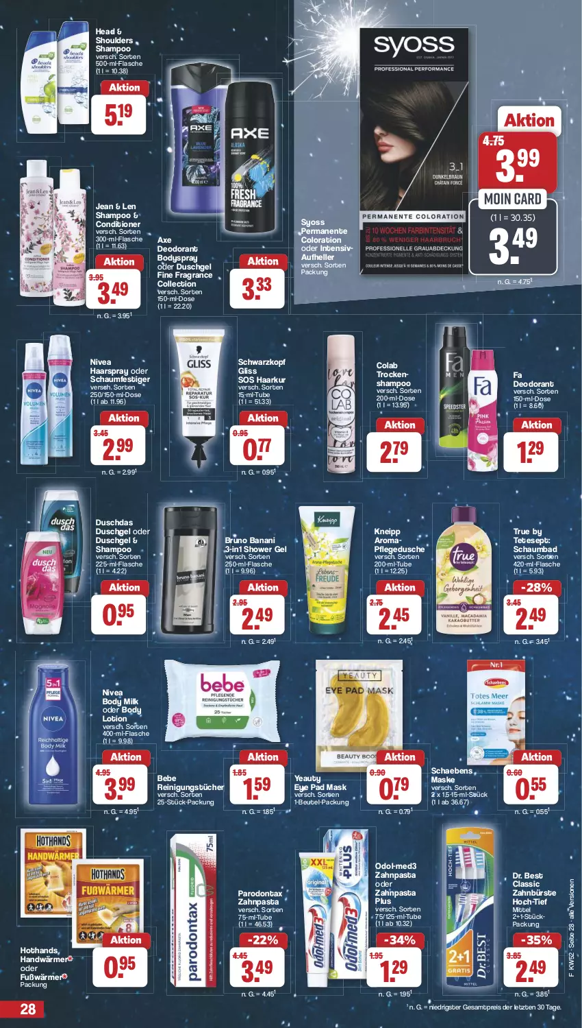 Aktueller Prospekt Famila - Prospekte - von 23.12 bis 31.12.2024 - strona 28 - produkty: axe, Bad, Bebe, beutel, body, body lotion, body milk, bodyspray, bruno banani, bürste, cola, deo, deodorant, Dr. Best, duschdas, dusche, duschgel, eis, elle, ente, flasche, gliss, haarspray, kneipp, Lotion, Maske, nivea, oder schaumfestiger, Odol, Parodontax, pasta, pflegedusche, Reinigung, reinigungstücher, reis, Schaebens, schaumbad, schaumfestiger, schwarzkop, schwarzkopf, shampoo, syoss, Ti, Trockenshampoo, tücher, Yo, zahnbürste, zahnpasta, ZTE