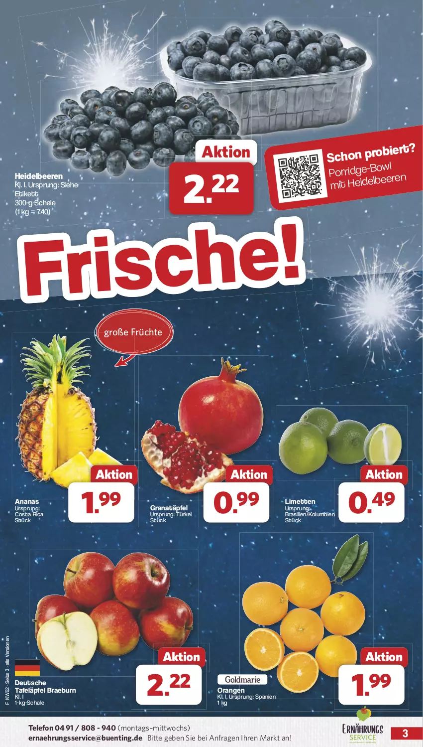 Aktueller Prospekt Famila - Prospekte - von 23.12 bis 31.12.2024 - strona 3 - produkty: ananas, beere, beeren, bier, früchte, grana, Granatäpfel, heidelbeere, heidelbeeren, limette, limetten, Mett, metten, orange, orangen, porridge, Rana, Schal, Schale, tafeläpfel, telefon, Ti