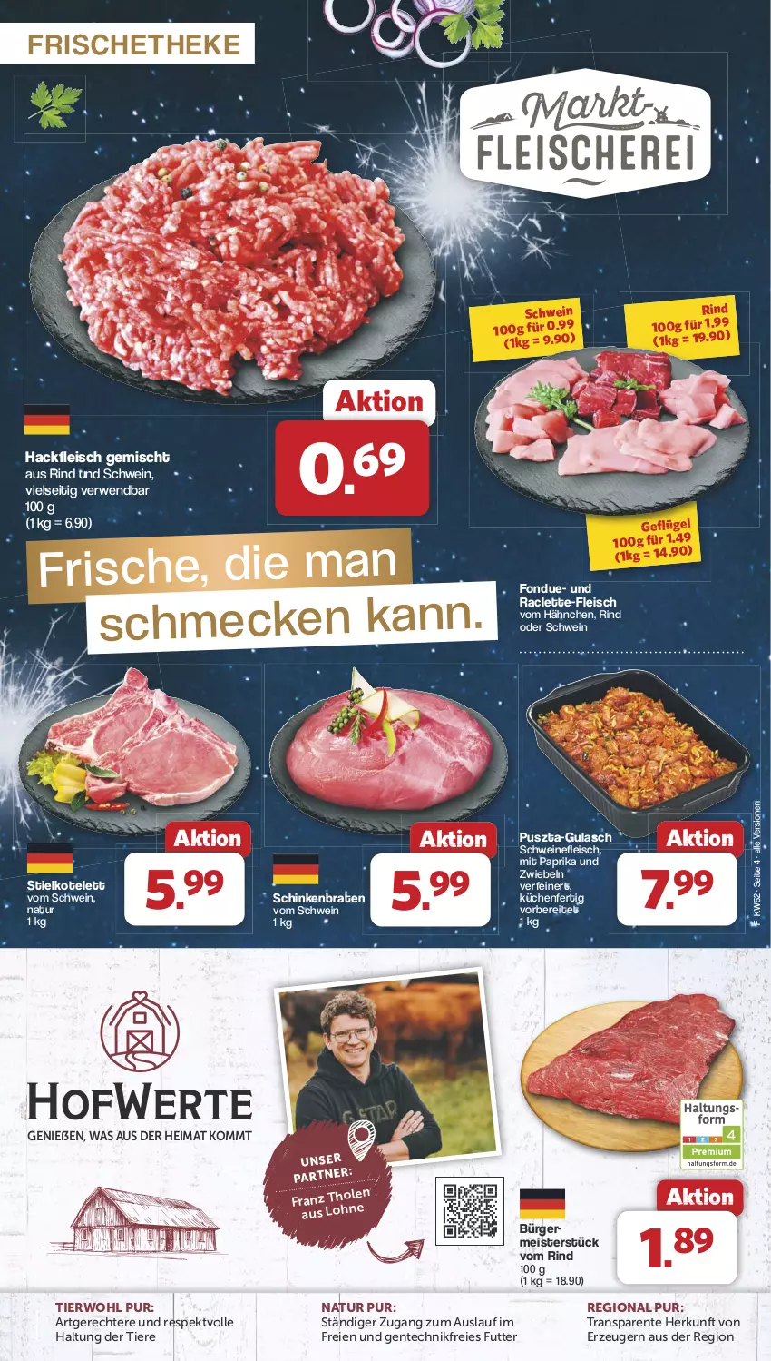 Aktueller Prospekt Famila - Prospekte - von 23.12 bis 31.12.2024 - strona 4 - produkty: braten, eis, ente, fleisch, Fondue, Geflügel, Germ, gulasch, hackfleisch, hackfleisch gemischt, kotelett, küche, Küchen, Meister, mit paprika, natur, paprika, rind, rwe, schinken, schinkenbraten, schwein, schweine, schweinefleisch, Ti, Tiere, wein, weine, zwiebel, zwiebeln