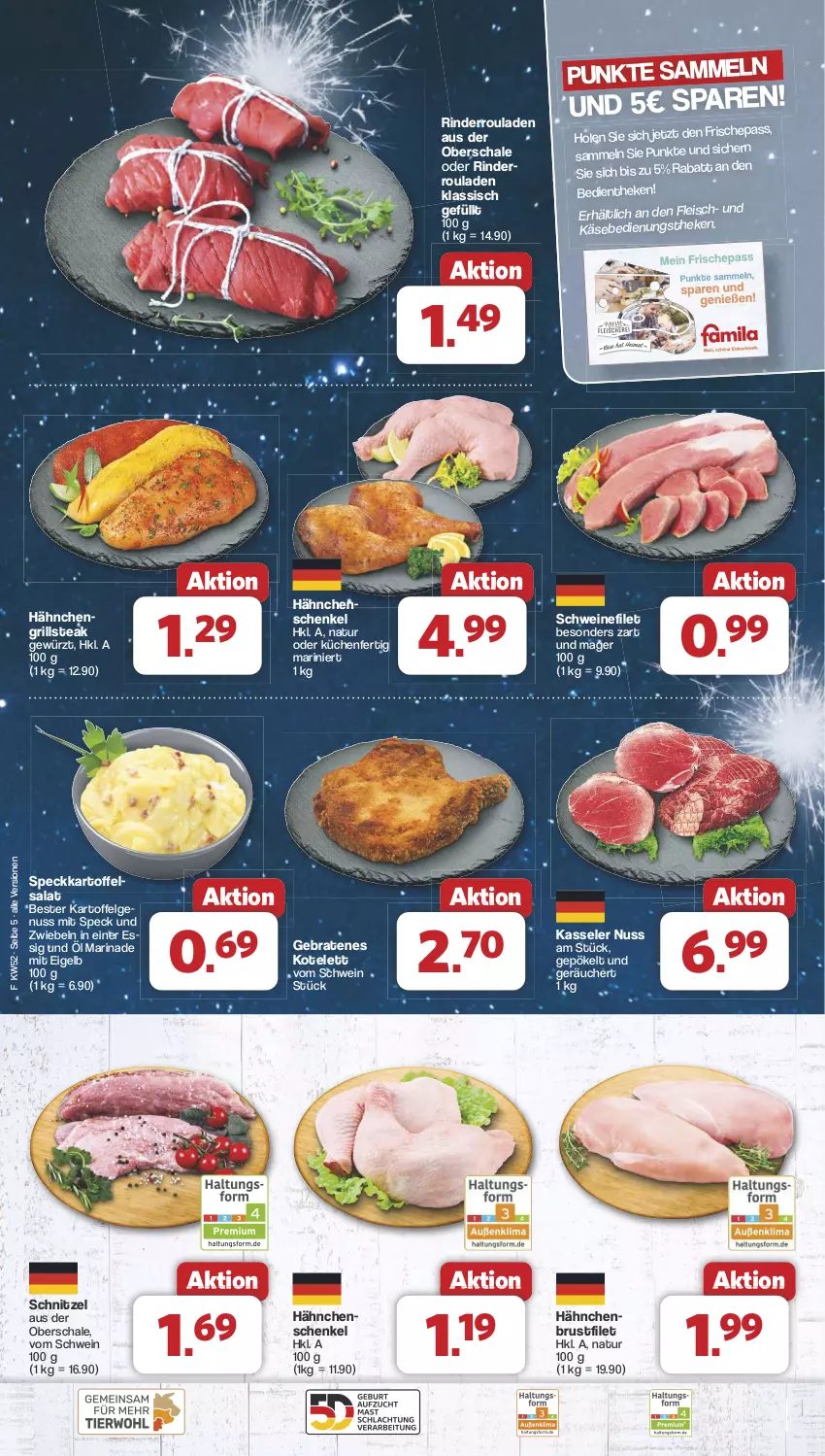 Aktueller Prospekt Famila - Prospekte - von 23.12 bis 31.12.2024 - strona 5 - produkty: braten, brustfilet, eis, essig, felgen, filet, fleisch, gewürz, grill, henkel, kartoffel, Käse, kasseler, kotelett, küche, Küchen, LG, marinade, natur, nuss, rind, rinder, Rinderroulade, rinderrouladen, rouladen, salat, Schal, Schale, schenkel, schnitzel, schwein, schweine, schweinefilet, Speck, steak, Ti, wein, weine, zwiebel, zwiebeln