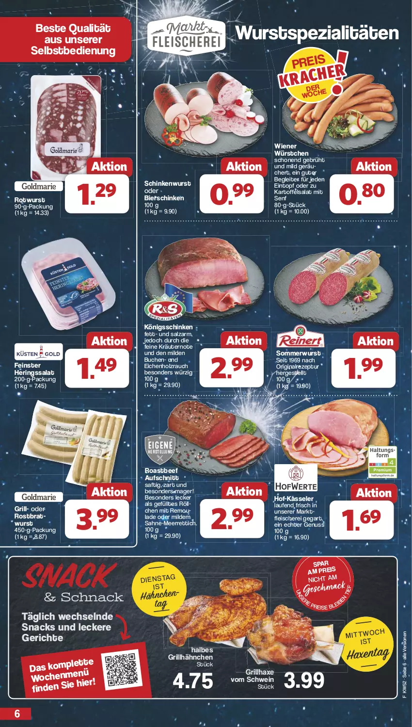 Aktueller Prospekt Famila - Prospekte - von 23.12 bis 31.12.2024 - strona 6 - produkty: aufschnitt, axe, beef, bier, bierschinken, bratwurst, buch, eintopf, eis, fleisch, Fleischerei, gin, grill, grillhähnchen, grillhaxe, Haxe, hering, Herings, Holz, kartoffel, kartoffelsalat, kasseler, kräuter, kräutern, Laufen, mac, meerrettich, nuss, Rauch, reis, remoulade, Rettich, rezept, ring, roastbeef, rostbratwurst, Rotwurst, saft, sahne, salat, salz, Schere, schinken, schinkenwurst, schwein, senf, snack, snacks, Spezi, Ti, topf, wein, wiener, wiener würstchen, wurst, würstchen