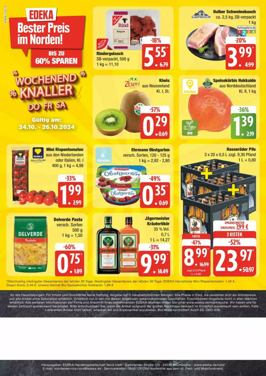 Aktueller Prospekt Edeka - Prospekte - von 19.10 bis 25.10.2024 - strona 24 - produkty: Bau, bio, deka, ehrmann, eis, Garten, hasseröder, kiwi, Kürbis, obst, obstgarten, pils, reis, rind, rinder, rispentomaten, schwein, schweine, Schweinebauch, Ti, tomate, tomaten, wein, weine, zespri, ZTE