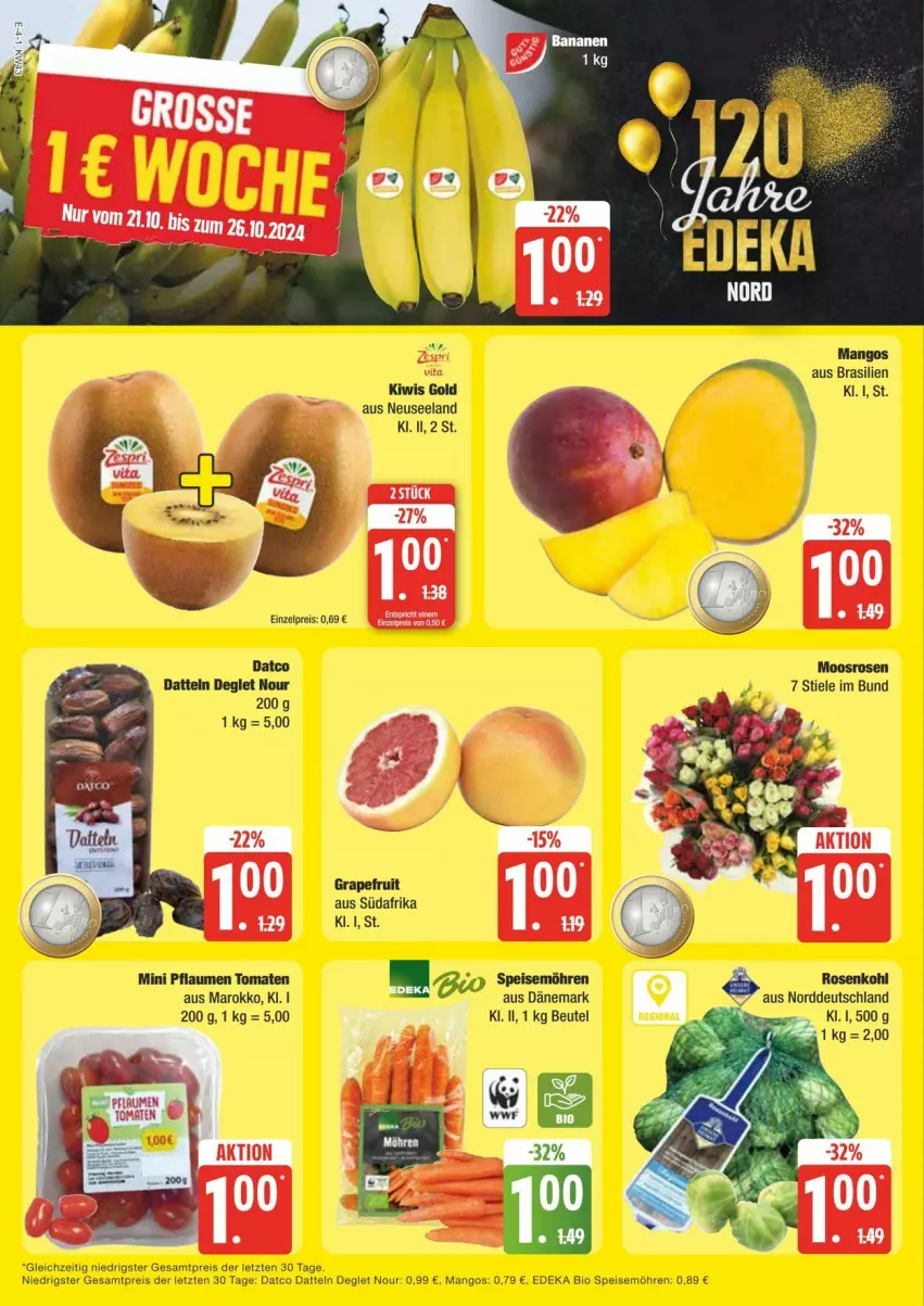 Aktueller Prospekt Edeka - Prospekte - von 19.10 bis 25.10.2024 - strona 4 - produkty: beutel, bio, Datteln, deka, edeka bio, eis, Elan, grapefruit, kiwi, mango, mangos, möhren, pflaume, pflaumen, reis, rosen, Rosenkohl, speisemöhren, Ti, tomate, tomaten, ZTE