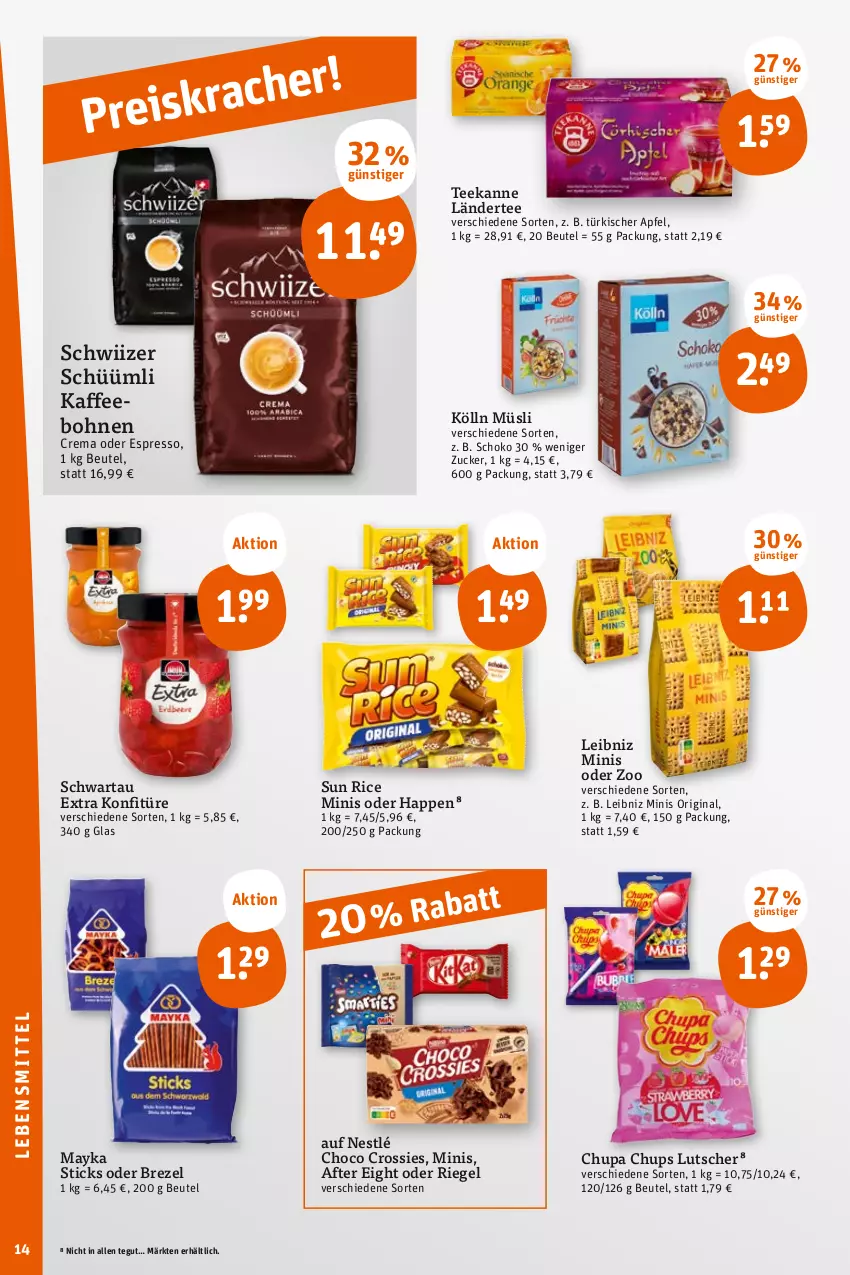 Aktueller Prospekt Tegut - Angebote der Woche - von 07.08 bis 12.08.2023 - strona 14 - produkty: after eight, apfel, beutel, bohne, bohnen, brezel, choco crossies, chupa, chupa chups, crossies, espresso, gin, kaffee, kaffeebohnen, kölln, konfitüre, Ländertee, lebensmittel, leibniz, Lutscher, müsli, nestlé, oder espresso, riegel, schoko, Schwartau, tee, teekanne, Ti, zucker