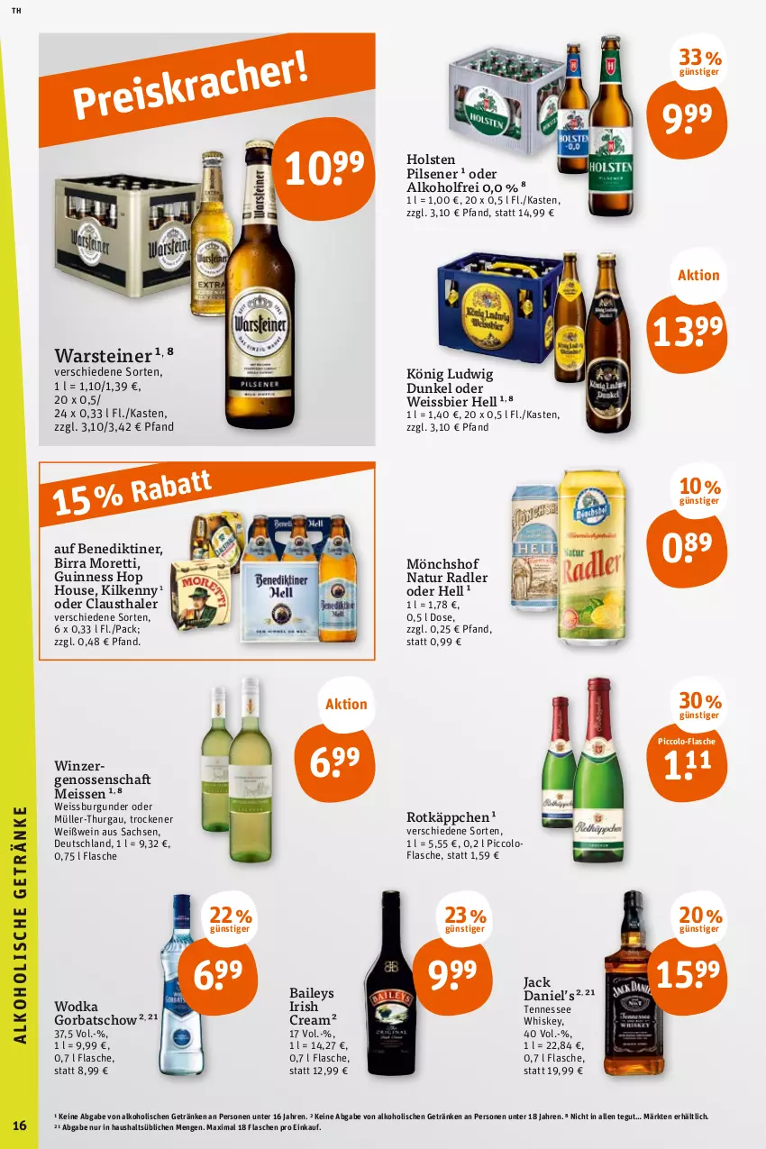 Aktueller Prospekt Tegut - Angebote der Woche - von 07.08 bis 12.08.2023 - strona 16 - produkty: alkohol, aust, baileys, Benediktiner, bier, burgunder, clausthaler, eis, flasche, getränk, getränke, Gorbatschow, Guinness, holsten, holsten pilsener, irish cream, jack daniel, Jack Daniel’s, Kilkenny, mönchshof, Moretti, Müller, Müller-Thurgau, natur, natur radler, pils, pilsener, radler, rotkäppchen, sac, steiner, tennessee whiskey, Ti, warsteiner, wein, weissbier, Weißwein, whiskey, wodka