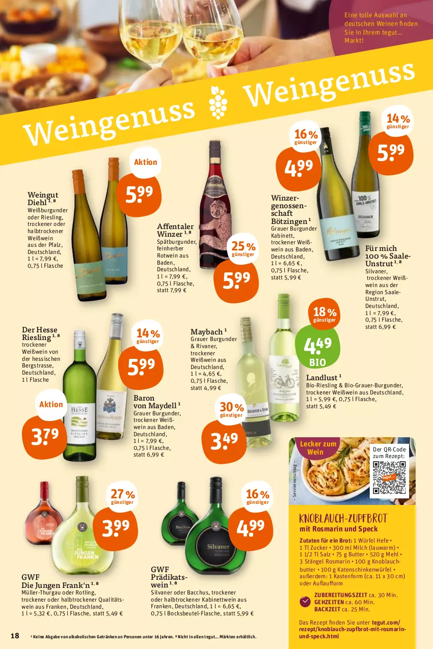 Aktueller Prospekt Tegut - Angebote der Woche - von 07.08 bis 12.08.2023 - strona 18 - produkty: ACC, alkohol, auer, Bad, beutel, bio, brot, burgunder, butter, dell, erde, flasche, getränk, getränke, grauer burgunder, Hefe, kabinett, katenschinken, knoblauch, Knoblauchbutter, maybach, mehl, milch, Müller, Müller-Thurgau, qualitätswein, rezept, riesling, Rivaner, rosmarin, rotwein, salz, schinken, silvaner, spätburgunder, Speck, Ti, wein, weine, Weißburgunder, Weißwein, würfel, zucker