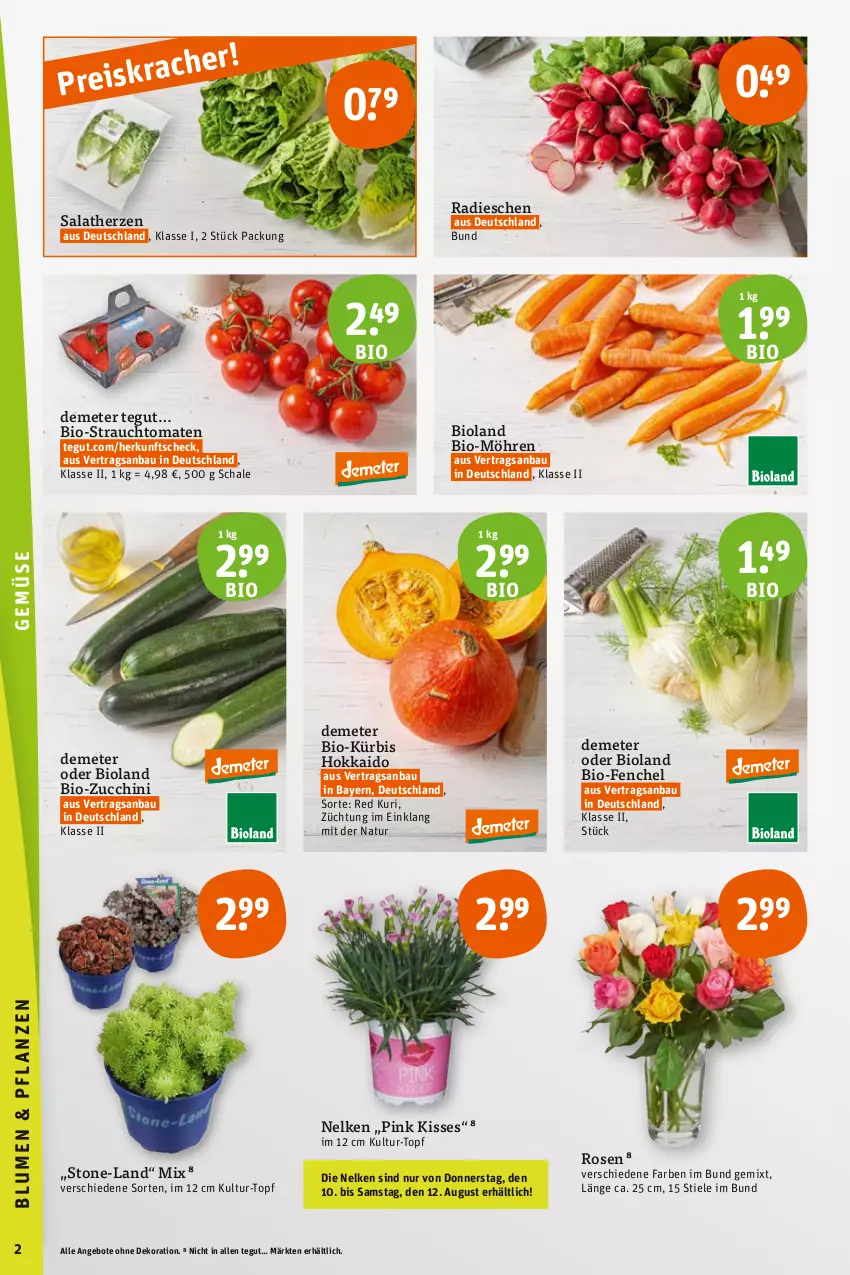 Aktueller Prospekt Tegut - Angebote der Woche - von 07.08 bis 12.08.2023 - strona 2 - produkty: angebot, angebote, Bau, bio, bio-zucchini, bioland, dekoration, eis, fenchel, Kürbis, möhren, natur, radieschen, Rauch, reis, rosen, salat, salatherzen, Schal, Schale, strauchtomaten, Ti, tomate, tomaten, topf, zucchini