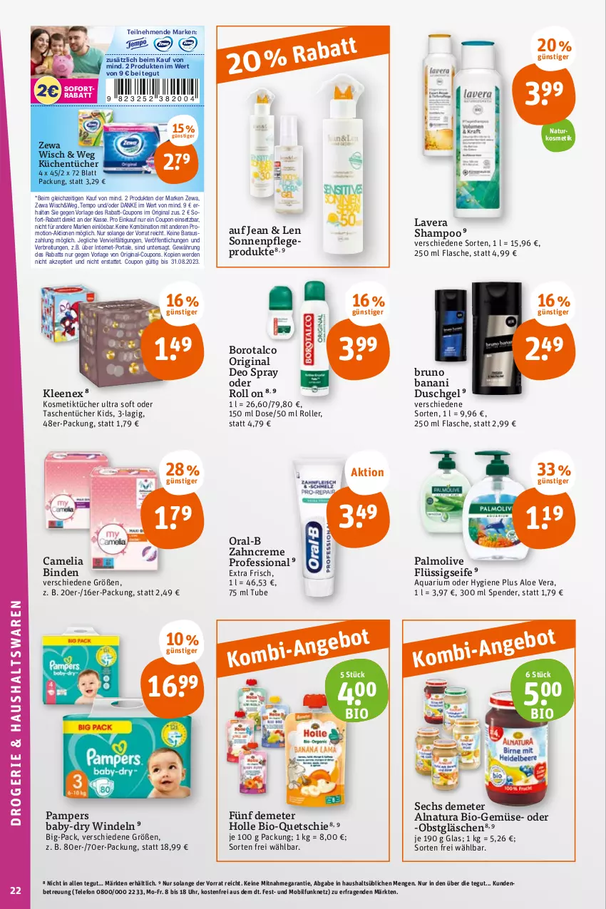 Aktueller Prospekt Tegut - Angebote der Woche - von 07.08 bis 12.08.2023 - strona 22 - produkty: aloe vera, aqua, baby-dry, binden, bio, Bio-Gemüse, Borotalco, Brei, bruno banani, camelia, coupon, coupons, creme, deo, deo spray, duschgel, erde, flasche, flüssigseife, gin, kosmetik, Kosmetiktücher, küche, Küchen, küchentücher, lavera, natur, natura, naturkosmetik, obst, olive, oral-b, palmolive, pampers, rabatt-coupon, Roller, Seife, shampoo, sofort-rabatt, sofortrabatt, Tasche, taschen, taschentücher, telefon, Tempo, Ti, tücher, uhr, windeln, zahncreme, zewa