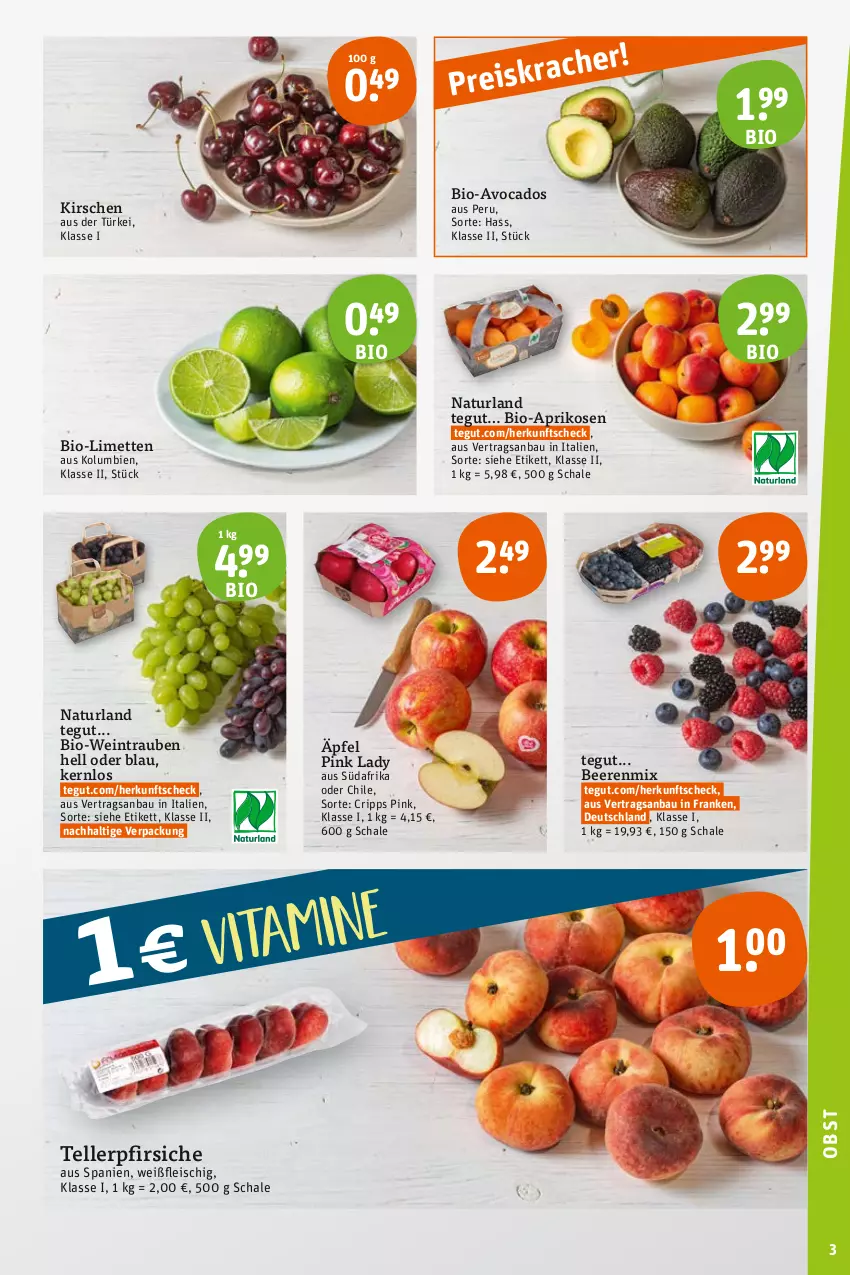 Aktueller Prospekt Tegut - Angebote der Woche - von 07.08 bis 12.08.2023 - strona 3 - produkty: aprikose, aprikosen, avocado, avocados, Bau, beere, beeren, bio, Bio-Wein, eis, elle, fleisch, kirsch, kirsche, kirschen, limette, limetten, Mett, metten, natur, naturland, pfirsich, pfirsiche, Pink Lady, reis, Schal, Schale, teller, Ti, trauben, wein